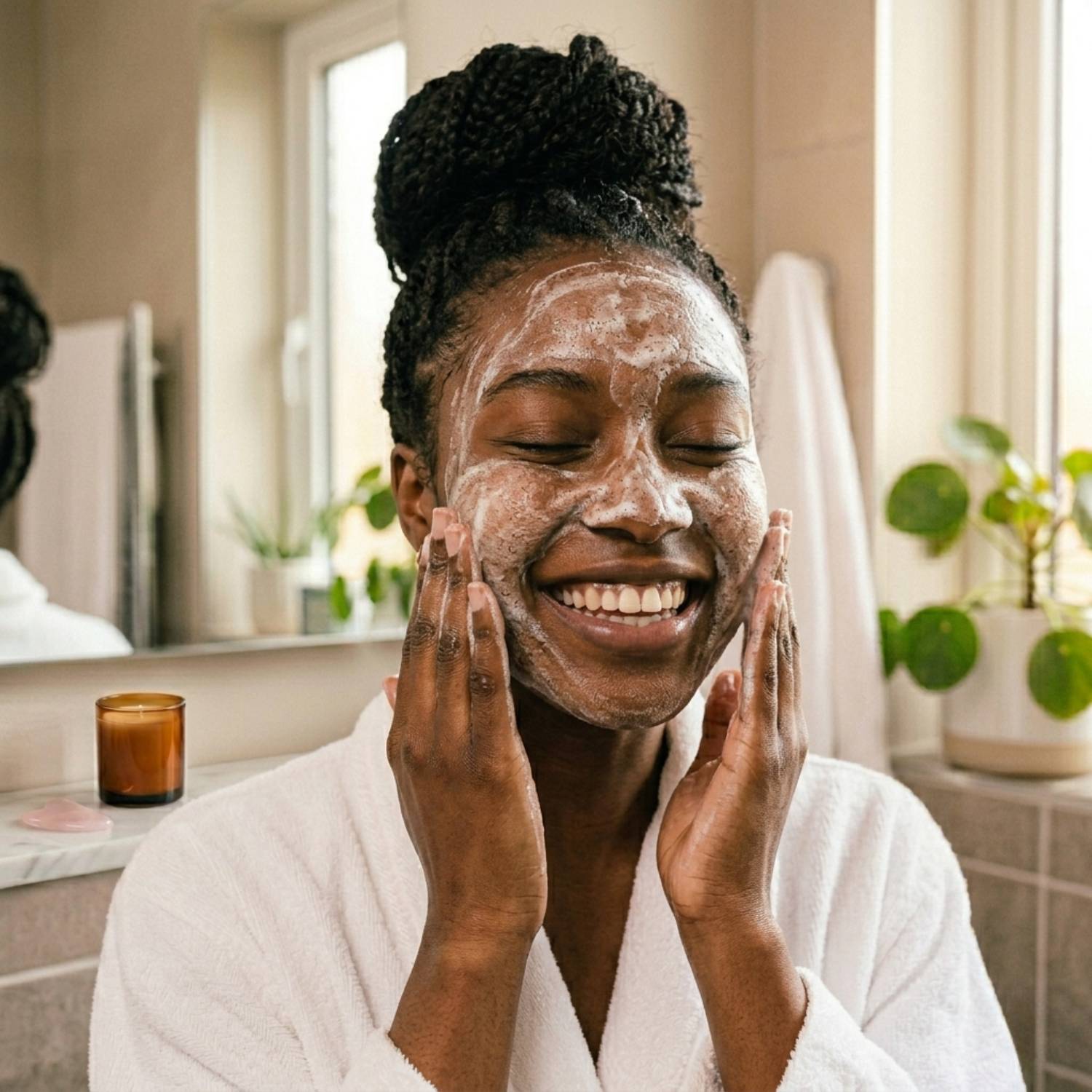 Black woman cleansing her face with foaming exfoliator in bathroom